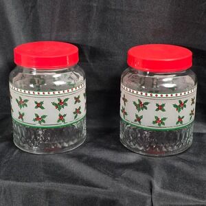 Set of 2 Vintage Christmas Holly Glass Jars Red Lids Kitchen‎ Storage Canisters